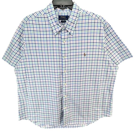 Polo Ralph Lauren Shirt Mens XXL Blue Plaid Cotton Classic Fit Flesh Pony Logo - Picture 1 of 13